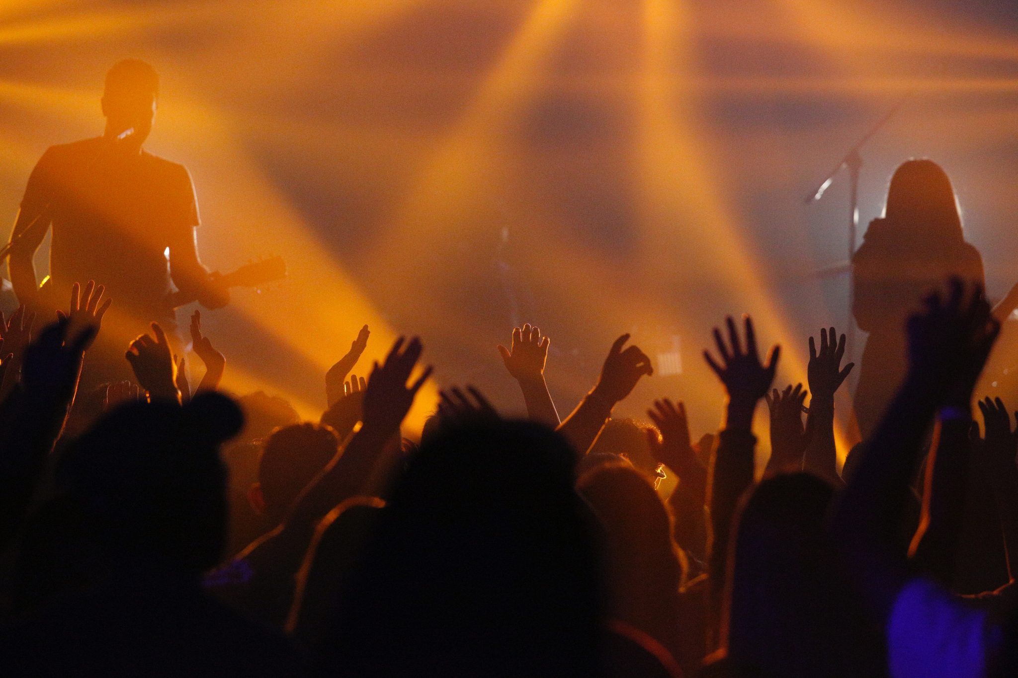 The Rambler: silhouettes of hands in the crowd during a concert with band also in view