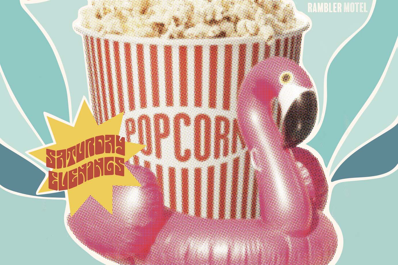 Flamingo raft holding a bucket of movie theatre popcorn