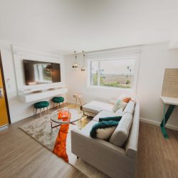 Couch and shag rug in front of TV in Rambler suite